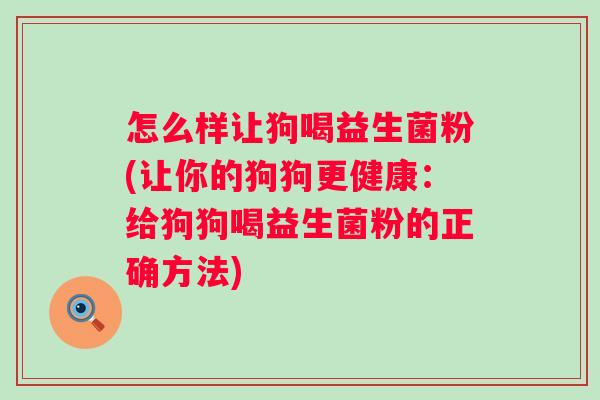 怎么样让狗喝益生菌粉(让你的狗狗更健康：给狗狗喝益生菌粉的正确方法)