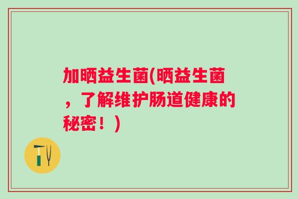 加晒益生菌(晒益生菌,了解维护肠道健康的秘密!) 加晒益生菌(晒益生菌,了解维护肠道健康的秘密!)